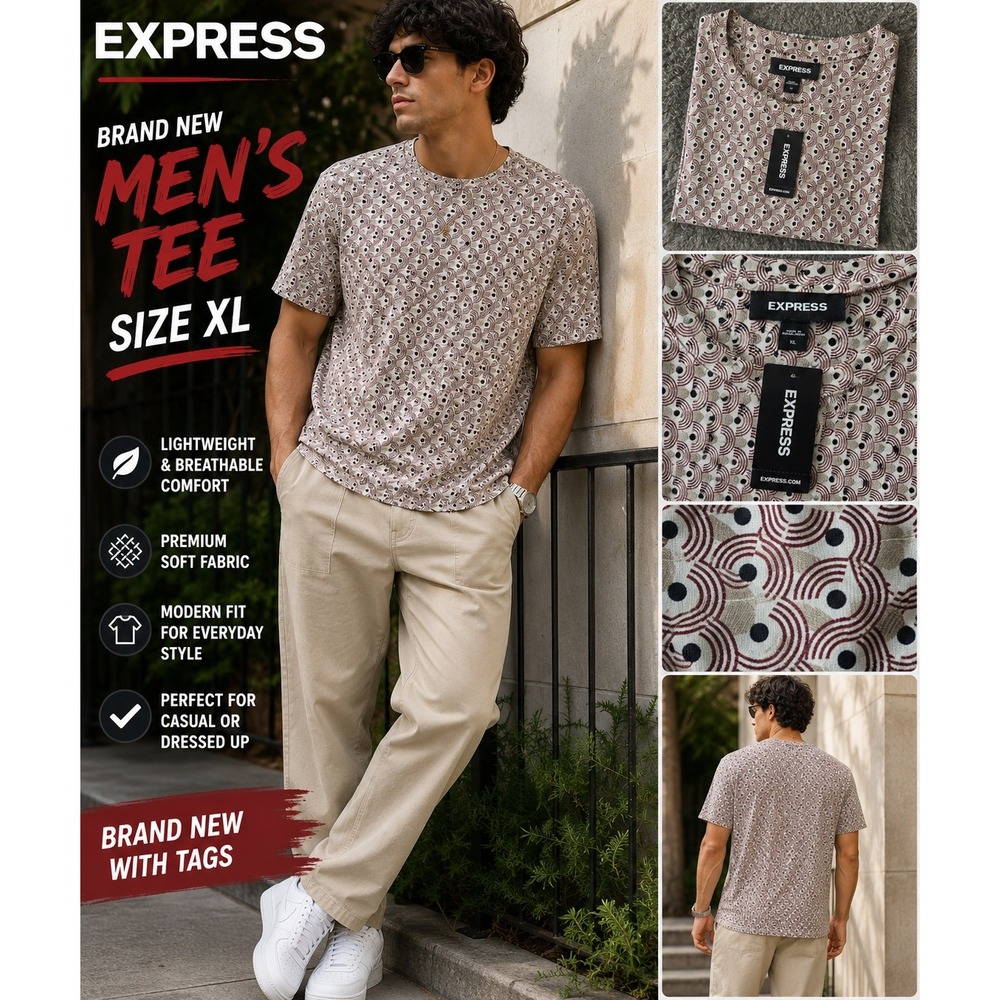 Express Mens Geometric Fan Print Tee Shirt Tan Burgundy Modern Fit XL NWT